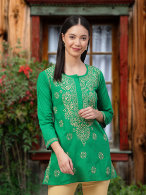 Ada Hand Embroidered Green Cotton Lucknowi Chikankari Women Top - A250627 2