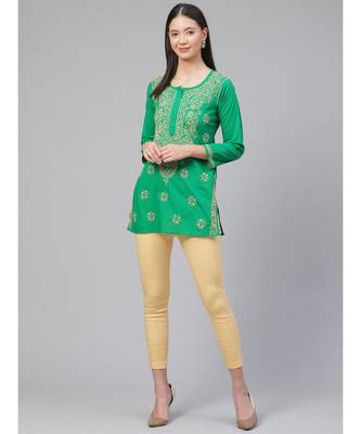 Ada Hand Embroidered Green Cotton Lucknowi Chikankari Women Top - A250627 1