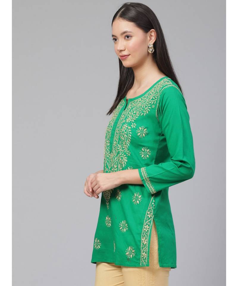 Ada Hand Embroidered Green Cotton Lucknowi Chikankari Women Top - A250627
