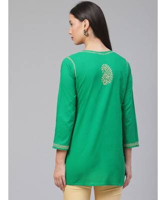 Ada Hand Embroidered Green Cotton Lucknowi Chikankari Women Top - A250627 4