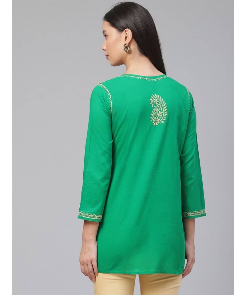 Ada Hand Embroidered Green Cotton Lucknowi Chikankari Women Top - A250627