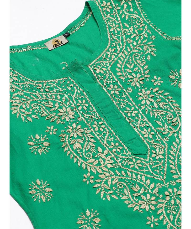 Ada Hand Embroidered Green Cotton Lucknowi Chikankari Women Top - A250627