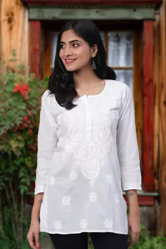 Ada Hand Embroidered White Cotton Lucknowi Chikankari Women Top - A359765