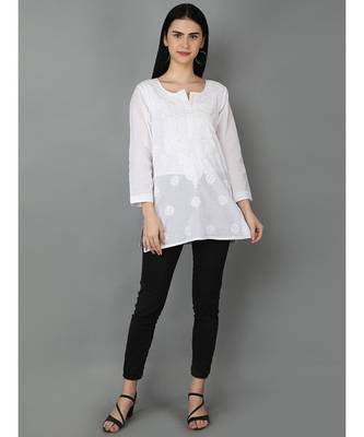 Ada Hand Embroidered White Cotton Lucknowi Chikankari Women Top - A359765 2