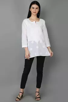 Ada Hand Embroidered White Cotton Lucknowi Chikankari Women Top - A359765
