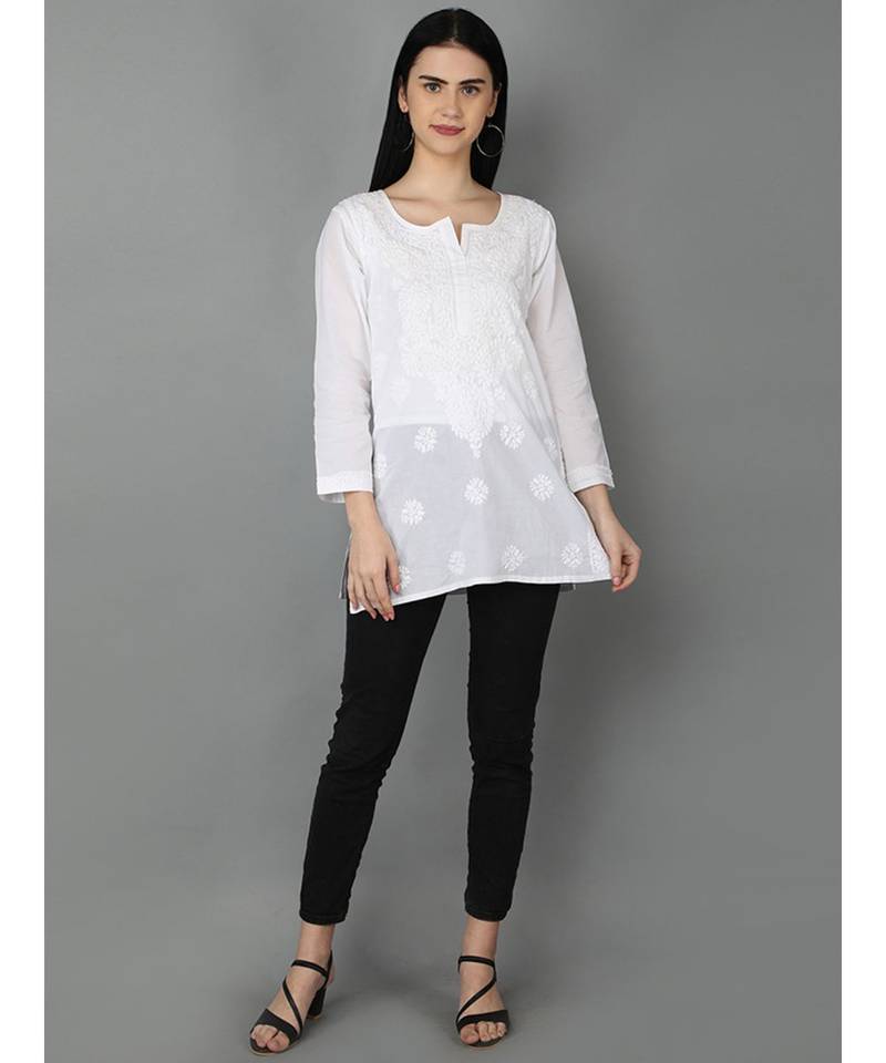 Ada Hand Embroidered White Cotton Lucknowi Chikankari Women Top - A359765