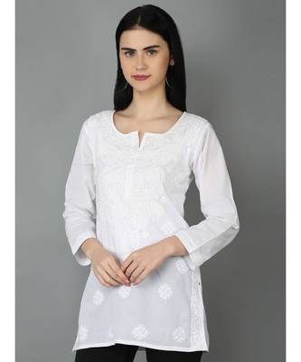 Ada Hand Embroidered White Cotton Lucknowi Chikankari Women Top - A359765 3