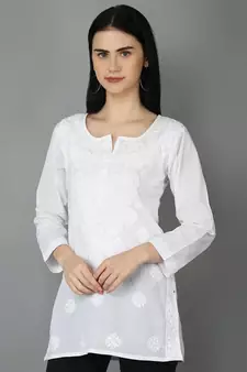 Ada Hand Embroidered White Cotton Lucknowi Chikankari Women Top - A359765