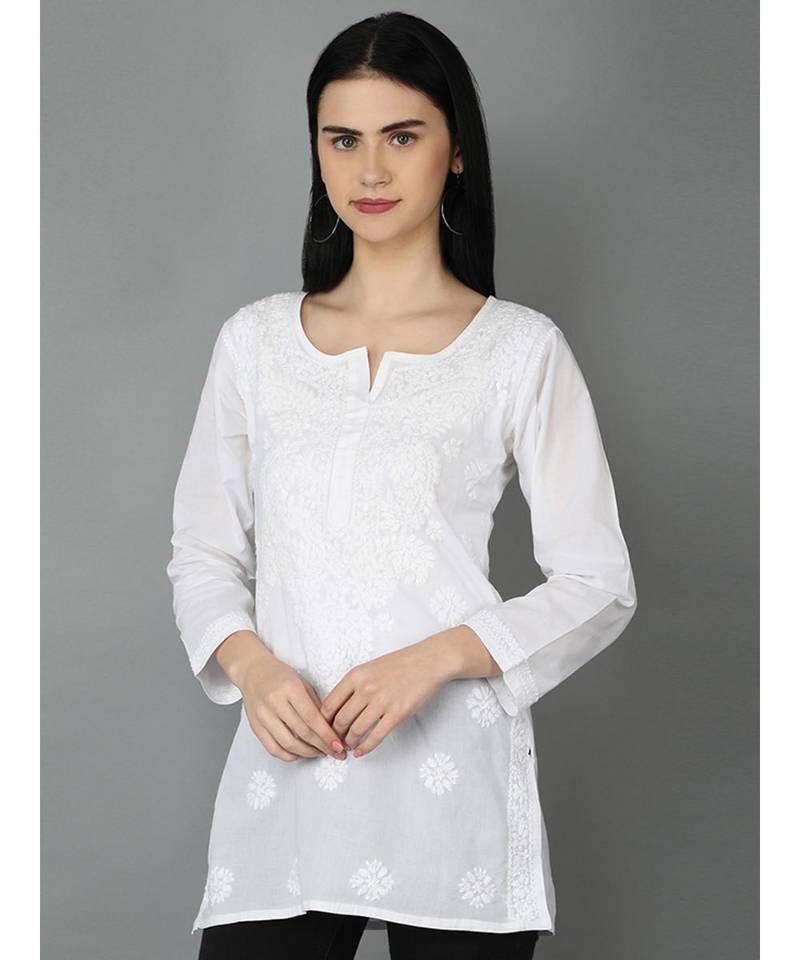 Ada Hand Embroidered White Cotton Lucknowi Chikankari Women Top - A359765
