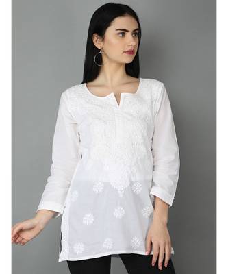 Ada Hand Embroidered White Cotton Lucknowi Chikankari Women Top - A359765 4