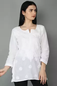 Ada Hand Embroidered White Cotton Lucknowi Chikankari Women Top - A359765