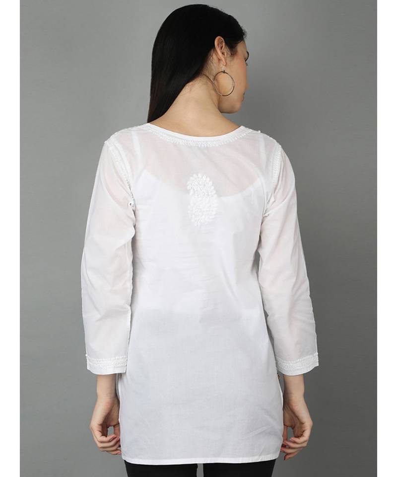 Ada Hand Embroidered White Cotton Lucknowi Chikankari Women Top - A359765