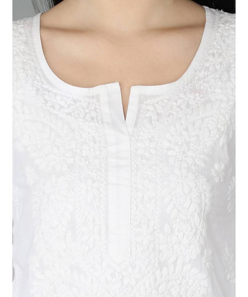 Ada Hand Embroidered White Cotton Lucknowi Chikankari Women Top - A359765
