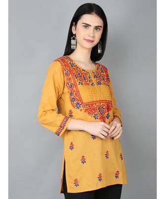 Hand Embroidered Mustard Cotton Lucknowi Chikankari Women Top 2