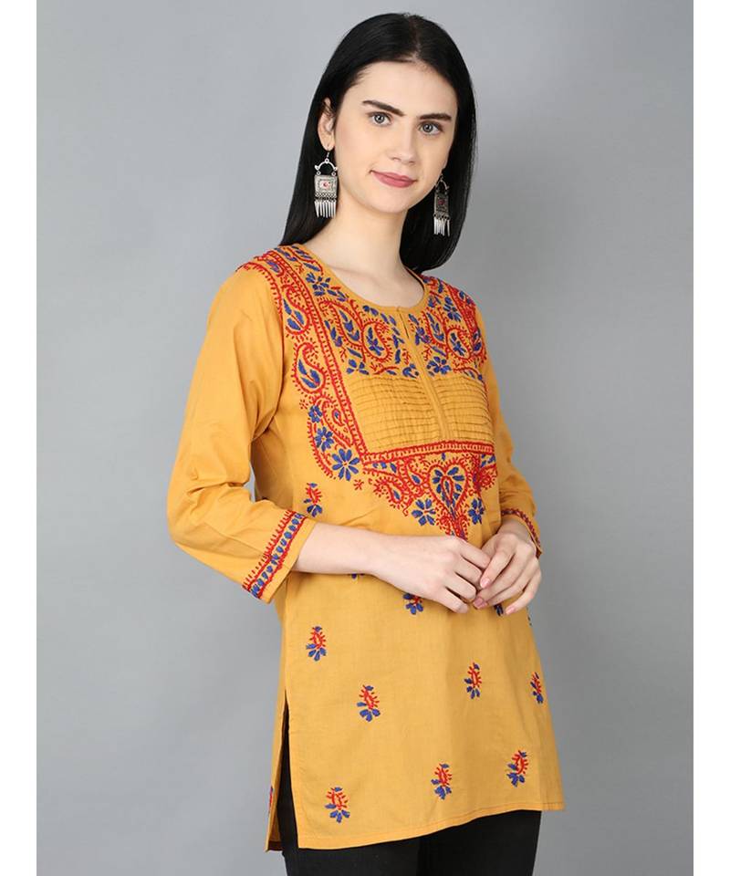 Hand Embroidered Mustard Cotton Lucknowi Chikankari Women Top
