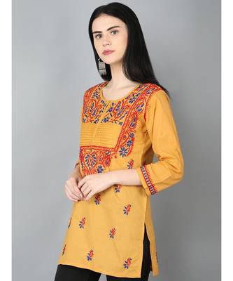 Hand Embroidered Mustard Cotton Lucknowi Chikankari Women Top 3