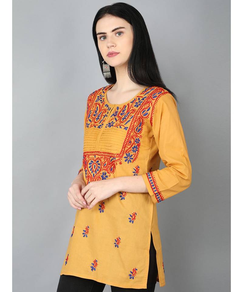 Hand Embroidered Mustard Cotton Lucknowi Chikankari Women Top