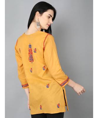 Hand Embroidered Mustard Cotton Lucknowi Chikankari Women Top 4