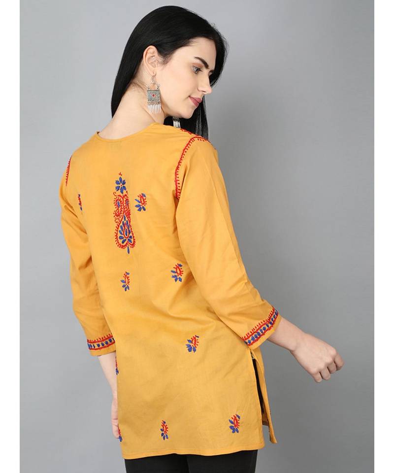 Hand Embroidered Mustard Cotton Lucknowi Chikankari Women Top