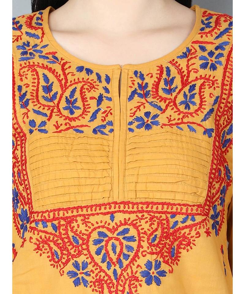 Hand Embroidered Mustard Cotton Lucknowi Chikankari Women Top