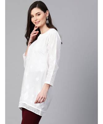 Hand Embroidered White Cotton Lucknow Chikan Women Top 2