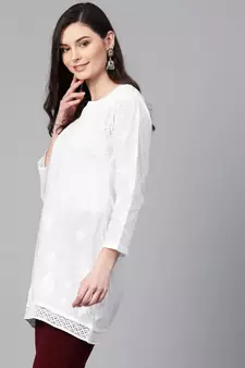 Hand Embroidered White Cotton Lucknow Chikan Women Top