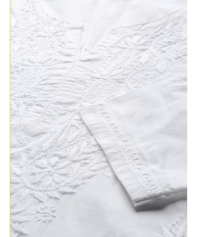 Hand Embroidered White Cotton Lucknow Chikan Women Top