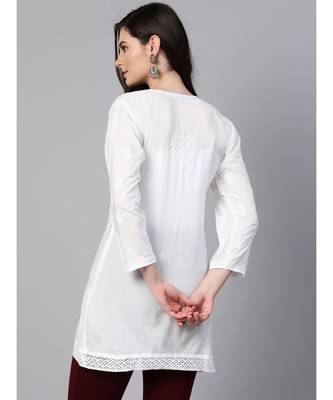 Hand Embroidered White Cotton Lucknow Chikan Women Top 4