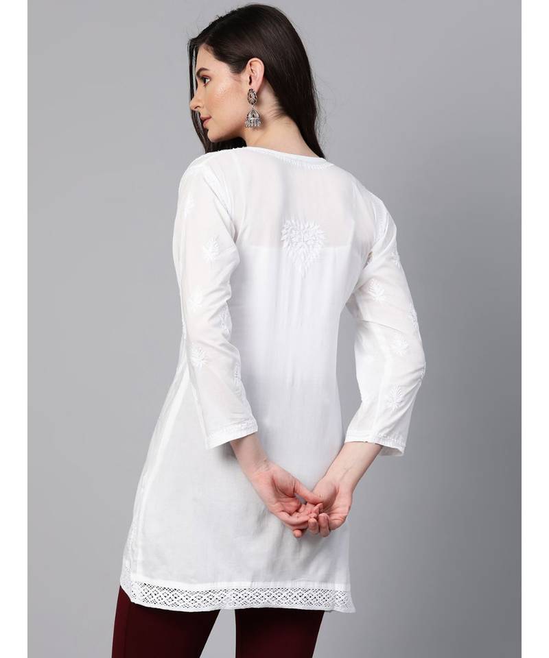 Hand Embroidered White Cotton Lucknow Chikan Women Top