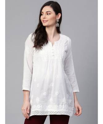 Hand Embroidered White Cotton Lucknow Chikan Women Top 1