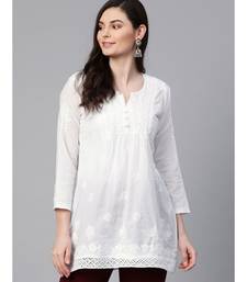 Hand Embroidered White Cotton Lucknow Chikan Women Top