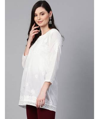 Hand Embroidered White Cotton Lucknow Chikan Women Top 3
