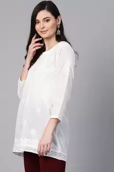 Hand Embroidered White Cotton Lucknow Chikan Women Top
