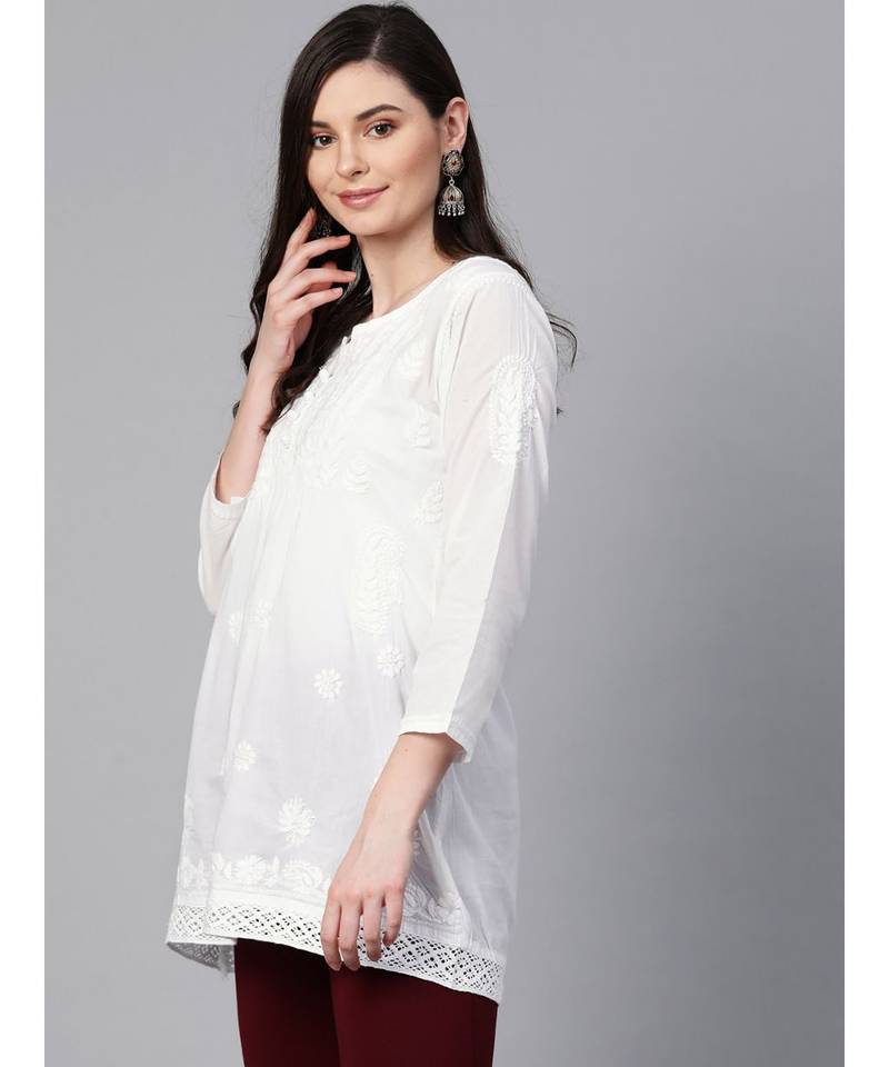 Hand Embroidered White Cotton Lucknow Chikan Women Top