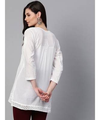 Hand Embroidered White Cotton Lucknow Chikan Women Top 4