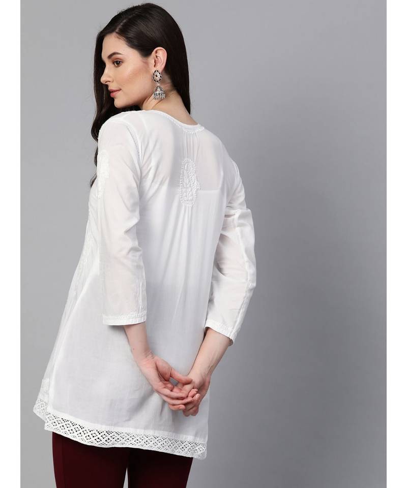 Hand Embroidered White Cotton Lucknow Chikan Women Top