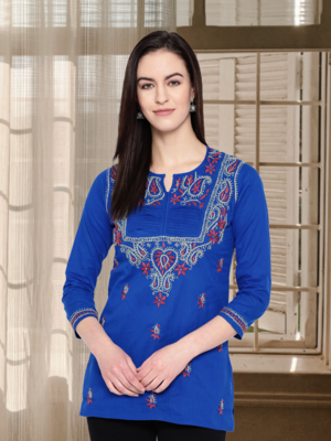 Hand Embroidered Royal Blue Cotton Lucknow Chikan Women Top 1