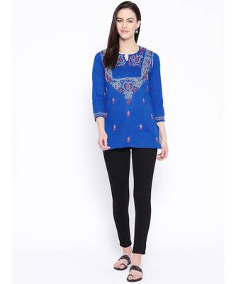 Hand Embroidered Royal Blue Cotton Lucknow Chikan Women Top 2