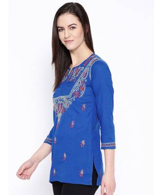Hand Embroidered Royal Blue Cotton Lucknow Chikan Women Top 3