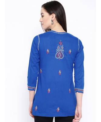 Hand Embroidered Royal Blue Cotton Lucknow Chikan Women Top 4