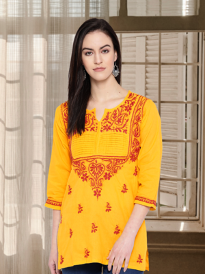 Hand Embroidered Yellow Cotton Lucknow Chikan Women Top 1