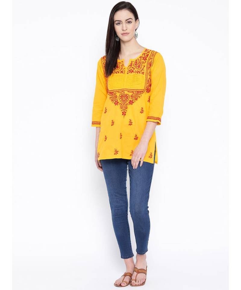 Hand Embroidered Yellow Cotton Lucknow Chikan Women Top