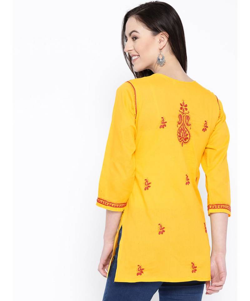 Hand Embroidered Yellow Cotton Lucknow Chikan Women Top