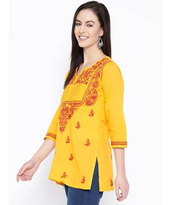 Hand Embroidered Yellow Cotton Lucknow Chikan Women Top 4