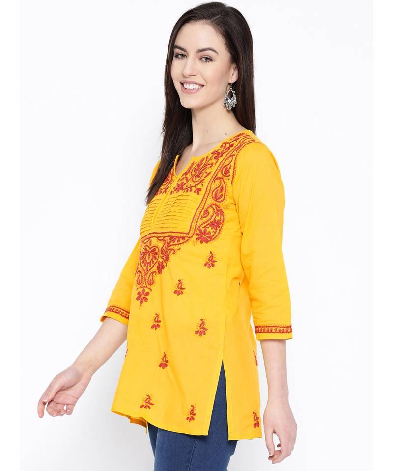 Hand Embroidered Yellow Cotton Lucknow Chikan Women Top