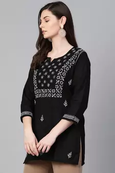 Hand Embroidered Black Cotton Lucknowi Chikankari Women Top