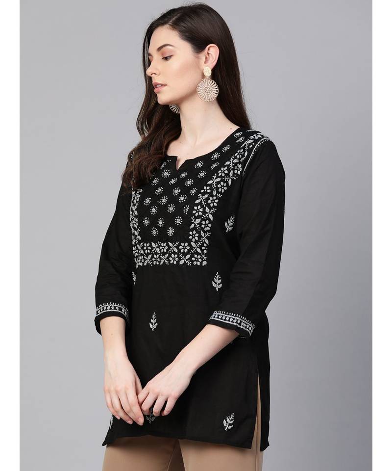 Hand Embroidered Black Cotton Lucknowi Chikankari Women Top