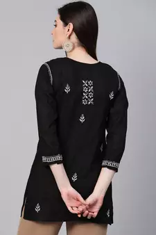 Hand Embroidered Black Cotton Lucknowi Chikankari Women Top
