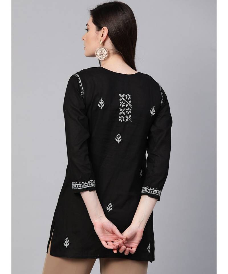 Hand Embroidered Black Cotton Lucknowi Chikankari Women Top