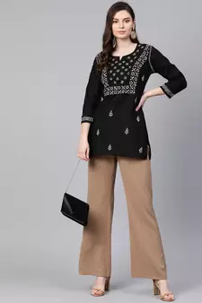 Hand Embroidered Black Cotton Lucknowi Chikankari Women Top
